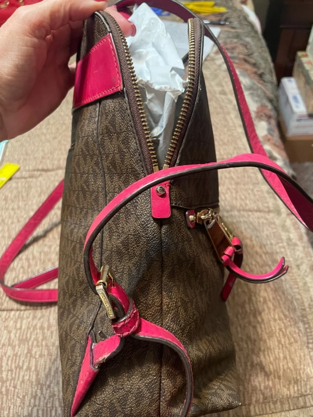 Michael Kors Brown Monogram Backpack with Pink Trim